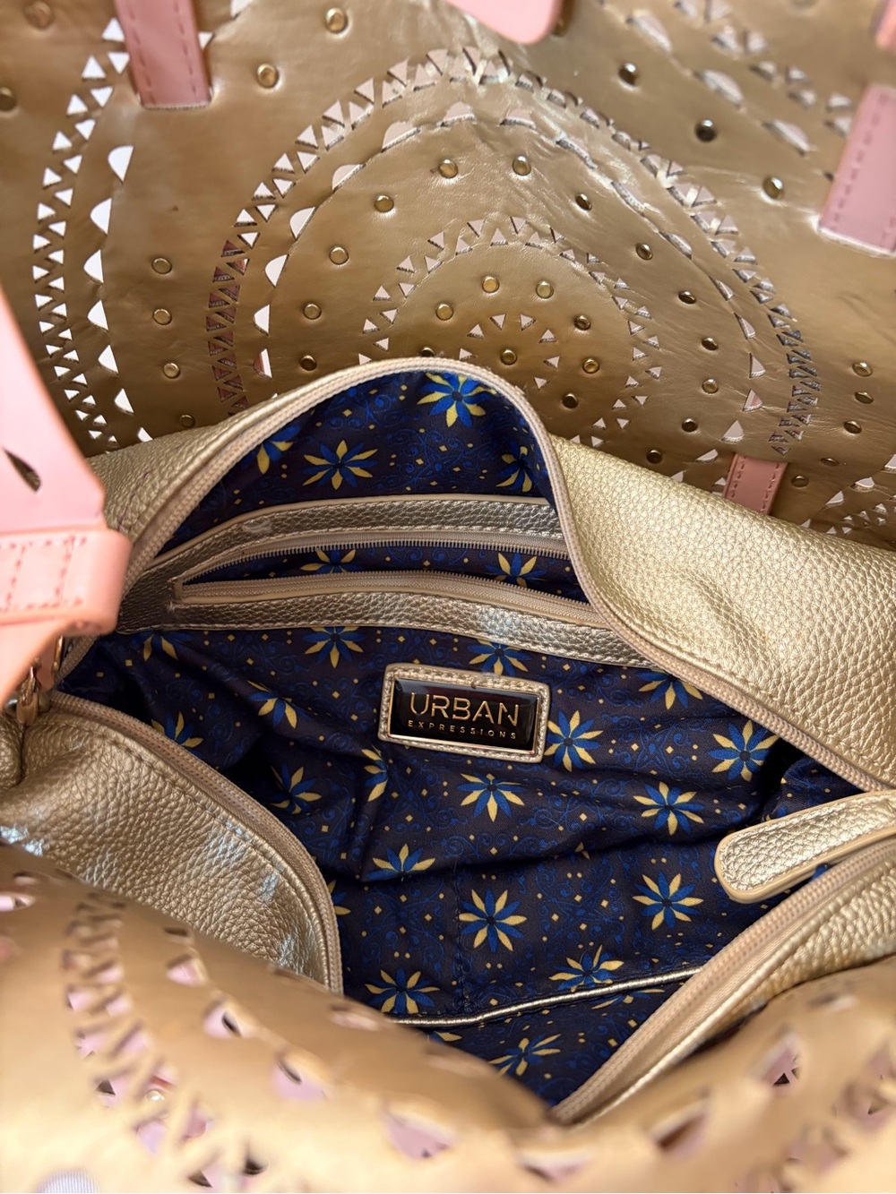 Urban Expressions Pink Perforated Floral Vegan Leather Tote Bag Boho Chic - Picture 8 of 11